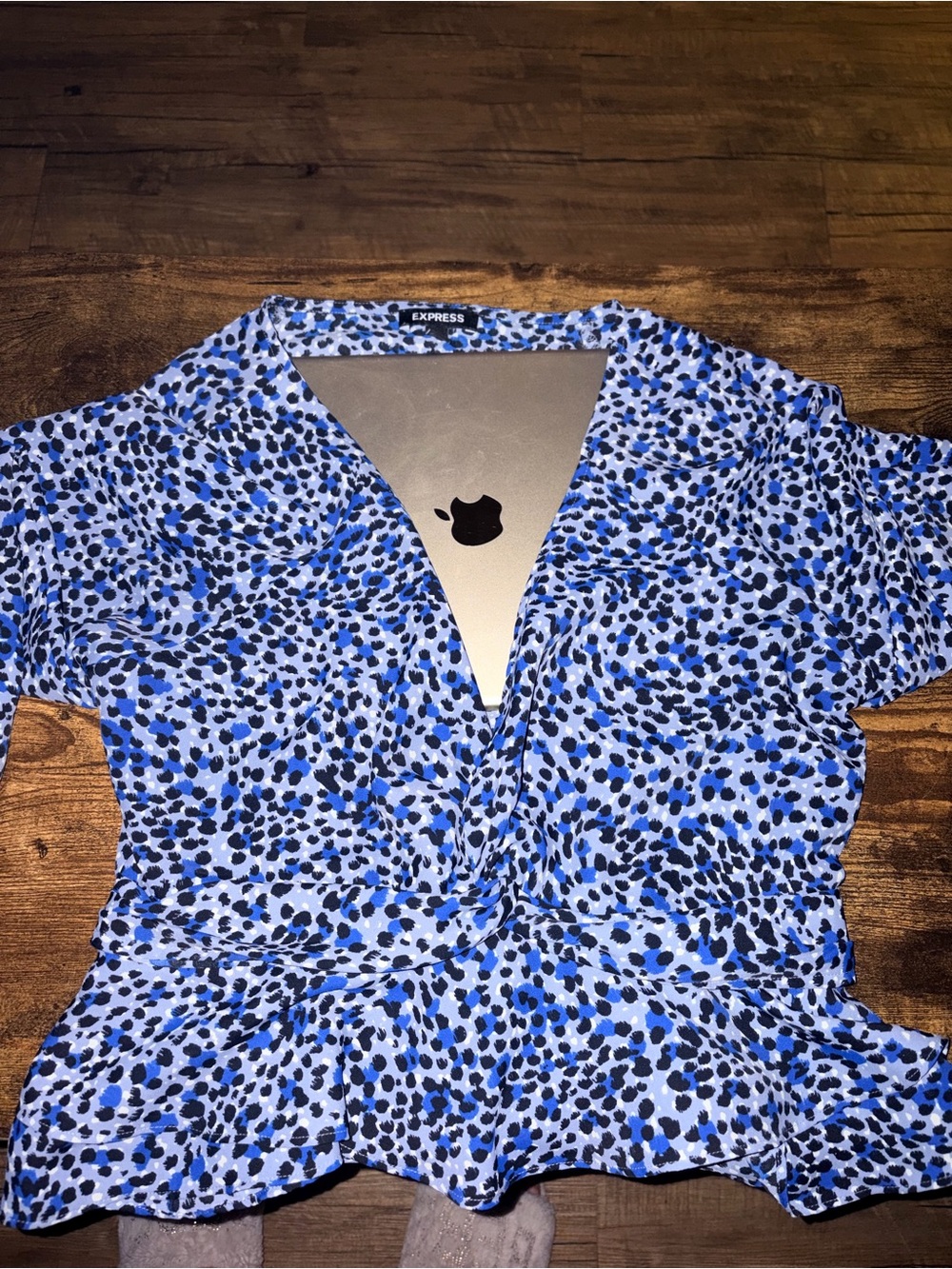 Express Blue and Black Dotted Wrap Peplum Blouse
